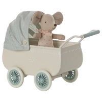 Maileg, Barnevogn m/baby mus, Mint, 11-5103-00-Maileg-Minlillebutik.dk