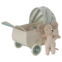 Maileg, Barnevogn m/baby mus, Mint, 11-5103-00-Maileg-Minlillebutik.dk