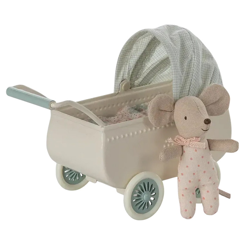 Maileg, Barnevogn m/baby mus, Mint, 11-5103-00-Maileg-Minlillebutik.dk