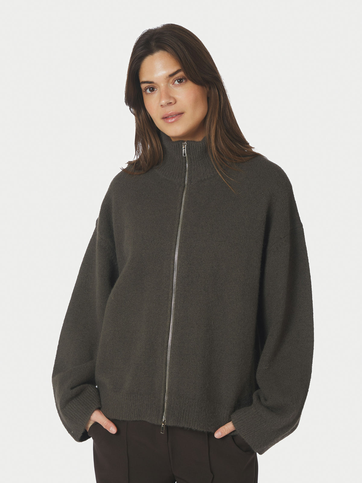 Neo Noir, Asley Zip Knit Cardigan, Moss Green