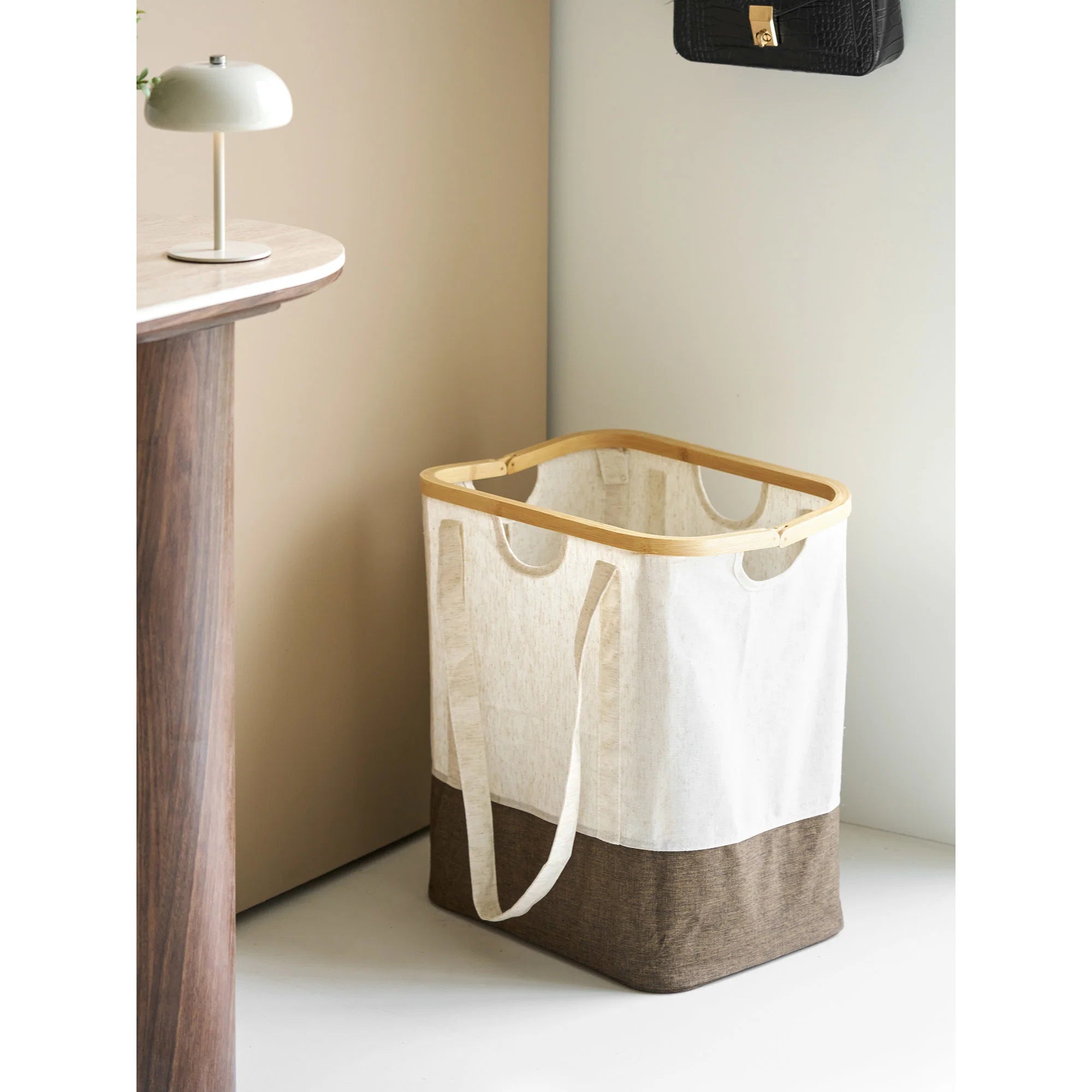 House Nordic, Noto Vasketøjspose - Vasketøjspose, bambus/stof, off white/brun, 40x30x45 cm