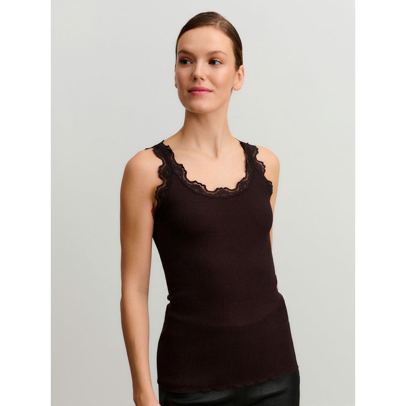 Rosemunde, RWBabette Silk SL U-neck Long Lace Top, Ganache-Rosemunde-Minlillebutik.dk